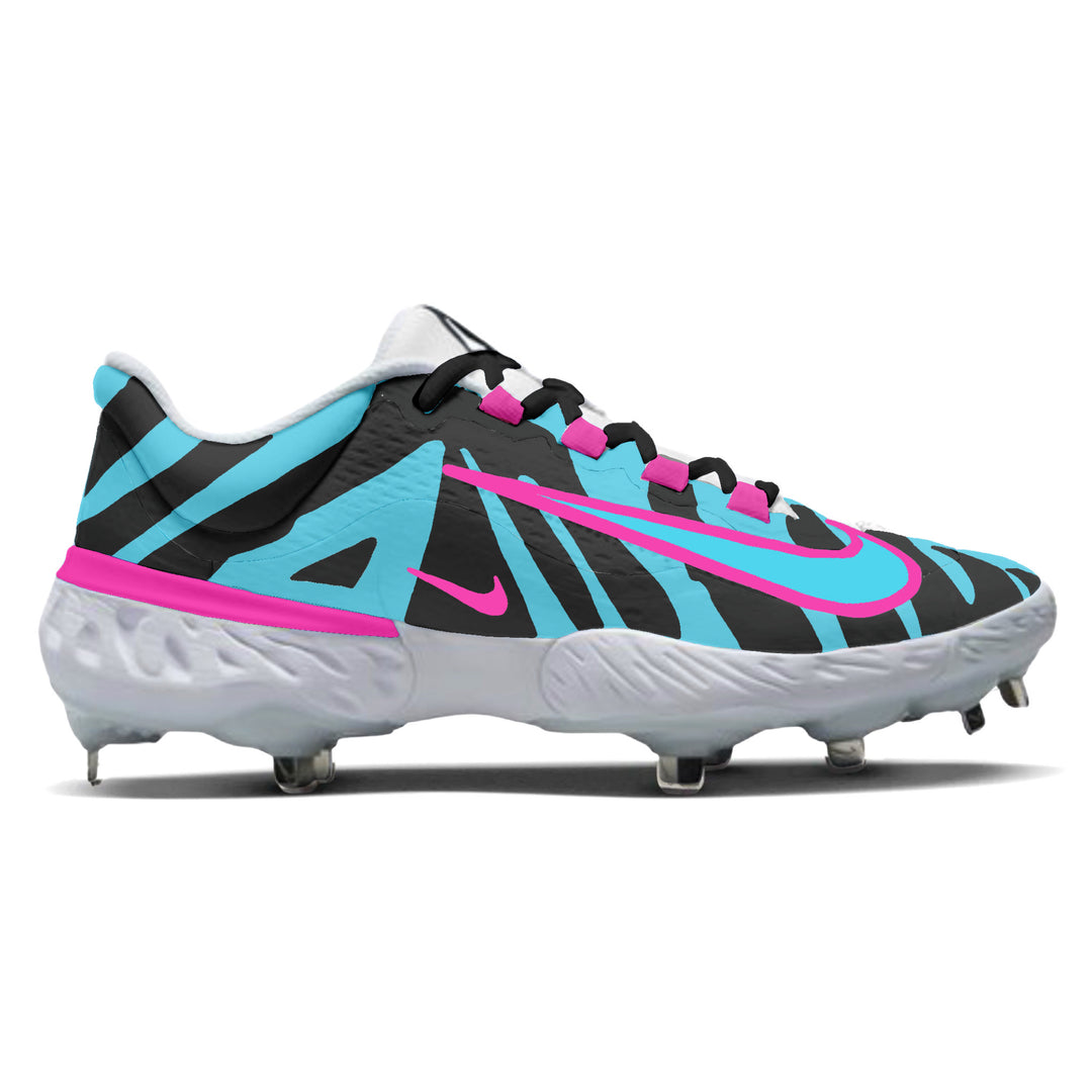 Vice Claw Nike Alpha Huarache Elite 4 low baseball cleats in teal and black with pink swoosh, custom Nike baseball cleats with metal studs by Stadium Custom Kicks