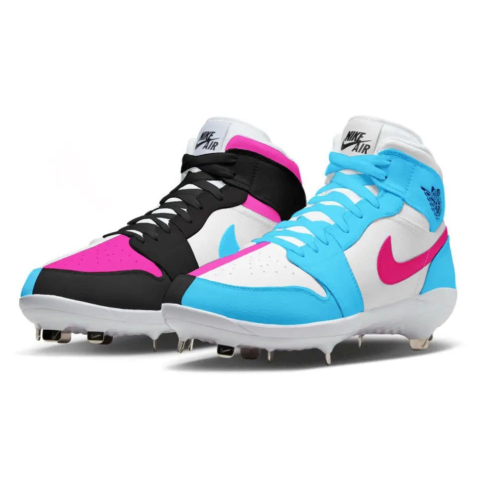 Colorful Nike cleats with black, pink, and blue design on a white background