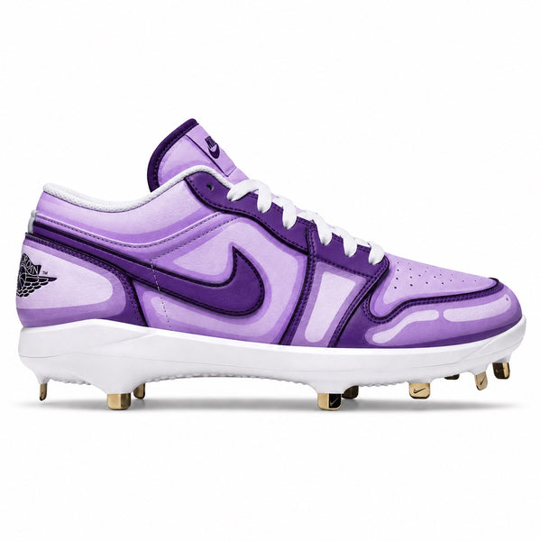  Custom lavender and deep purple Jordan 1 Retro cleats with a metal spike sole and gold accents for a bold, standout look — by Stadium Custom Kicks