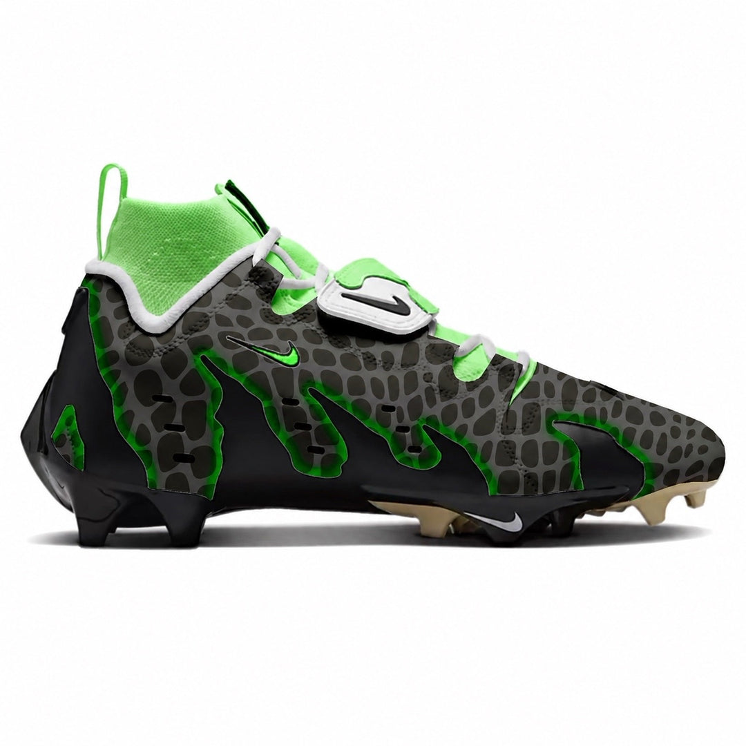 Black gray and neon green viper Nike Diamond Turf 96 TD football cleats side view by Stadium Custom Kicks
