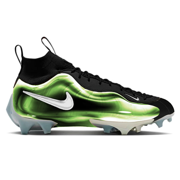 Volt Bubble Nike Vaporposite Pro Football Cleats featuring a neon green and black glossy bubble shell upper, white Nike Swoosh, and icy blue translucent outsole by Stadium Custom Kicks