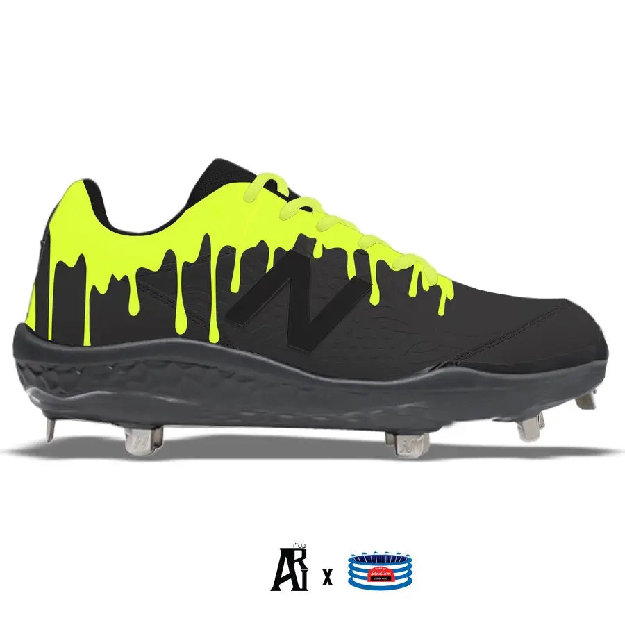 Black baseball cleat with neon green drip design from Volt Drip New Balance 3000v5 collection