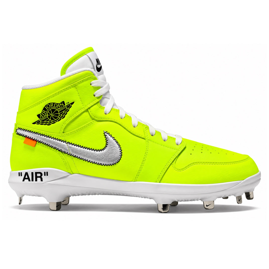 A neon yellow high-top baseball cleat featuring a silver metallic Nike Swoosh, a black Jordan Wings logo, and 'AIR' text on the heel, shown against a plain white background.