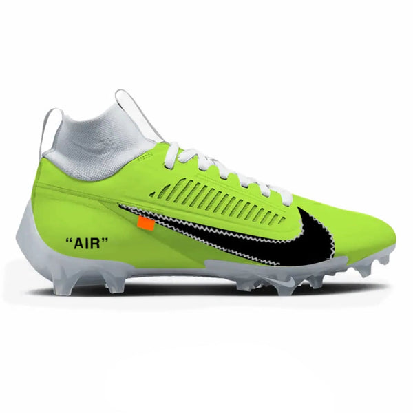 Bright green football cleat with black Nike logo on a white background