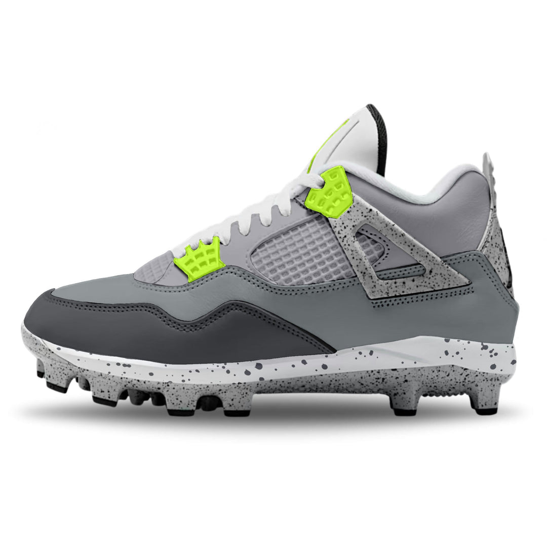Volt gray custom jordan 4 baseball cleats side view.