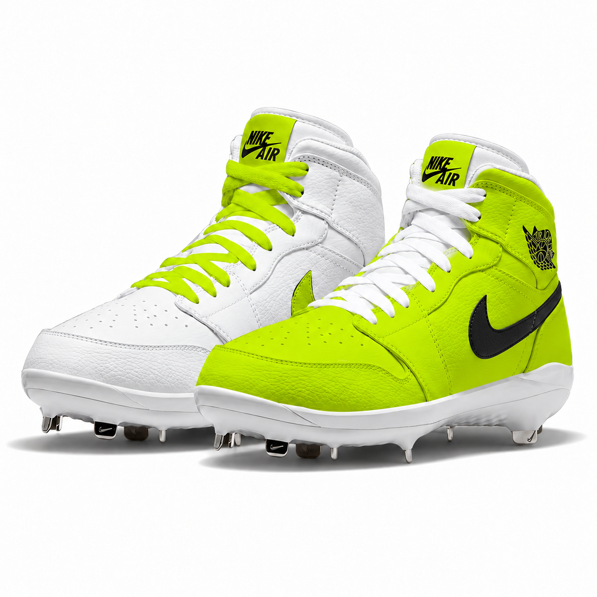 A pair of Nike Air mid-top baseball cleats in white and neon yellow-green, featuring a black Swoosh and a black 'Air Jordan' logo on the ankle collar.