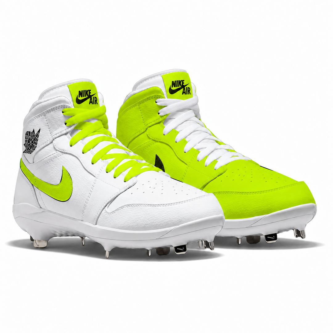 A pair of Nike Air baseball cleats in white and neon yellow-green, featuring white leather uppers, neon yellow-green swooshes and laces, and black Nike Air branding on the tongue.