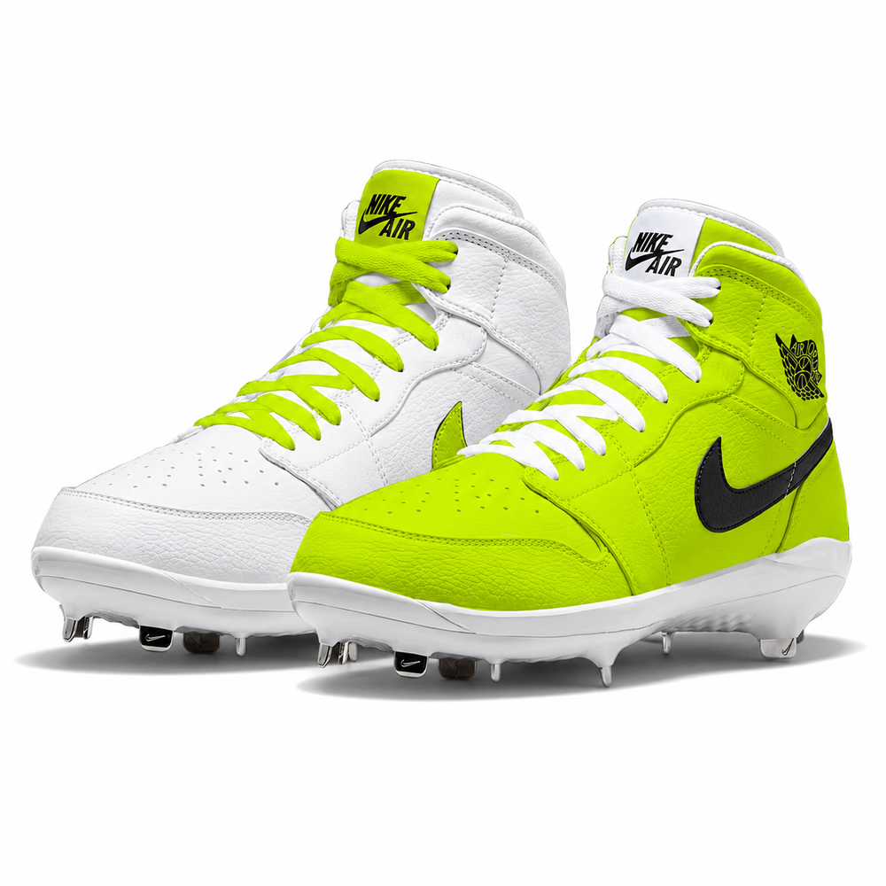 Pair of white and neon volt green Nike Air cleats on a white background