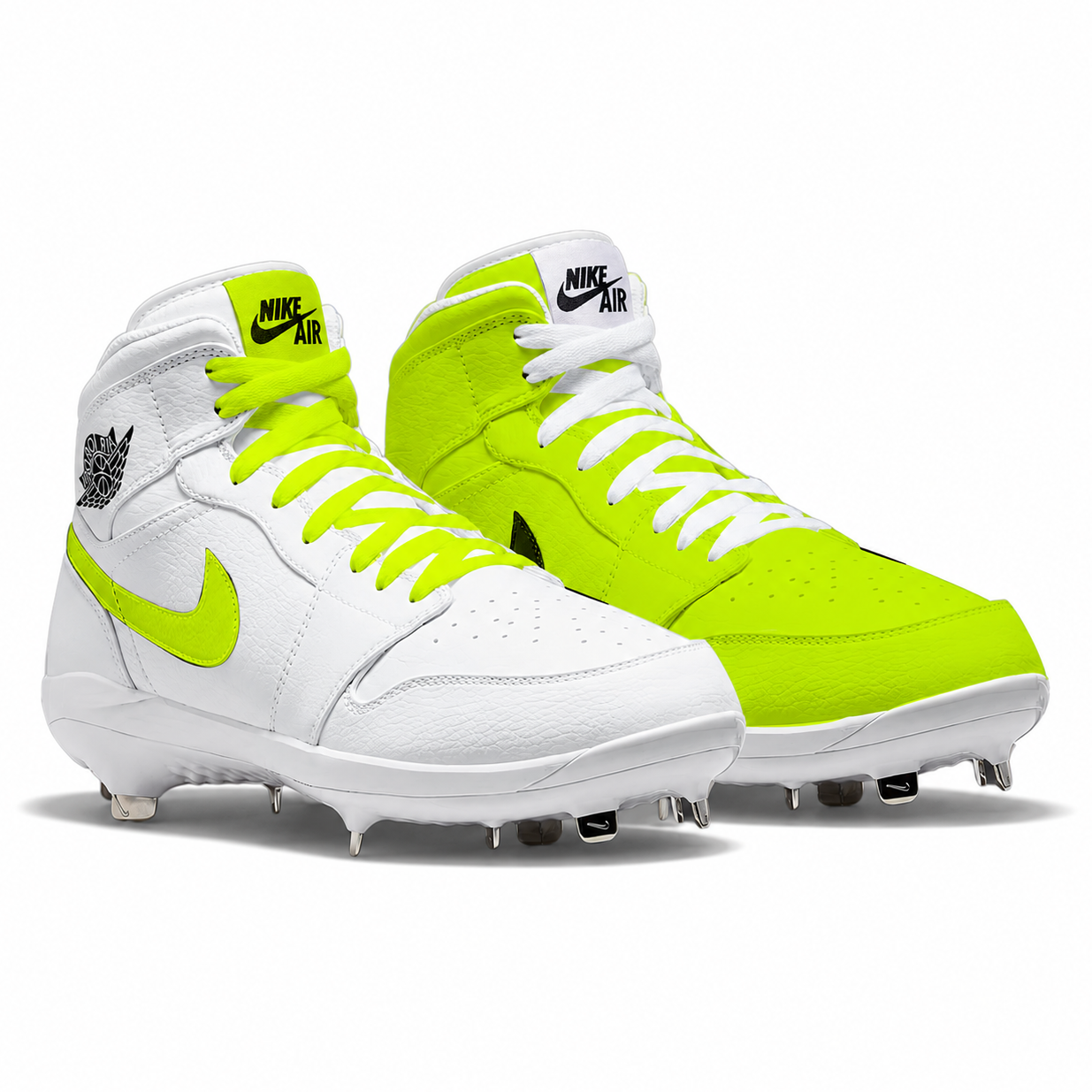 White and neon volt green Nike Air cleats on a white background