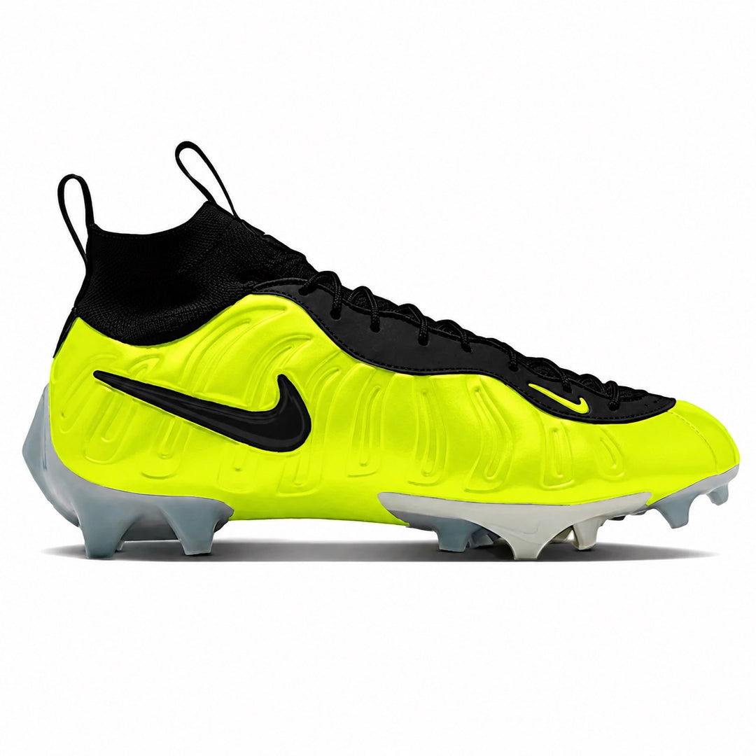 Volt yellow Nike Foamposite football cleat with black knit collar and black Swoosh by Stadium Custom Kicks