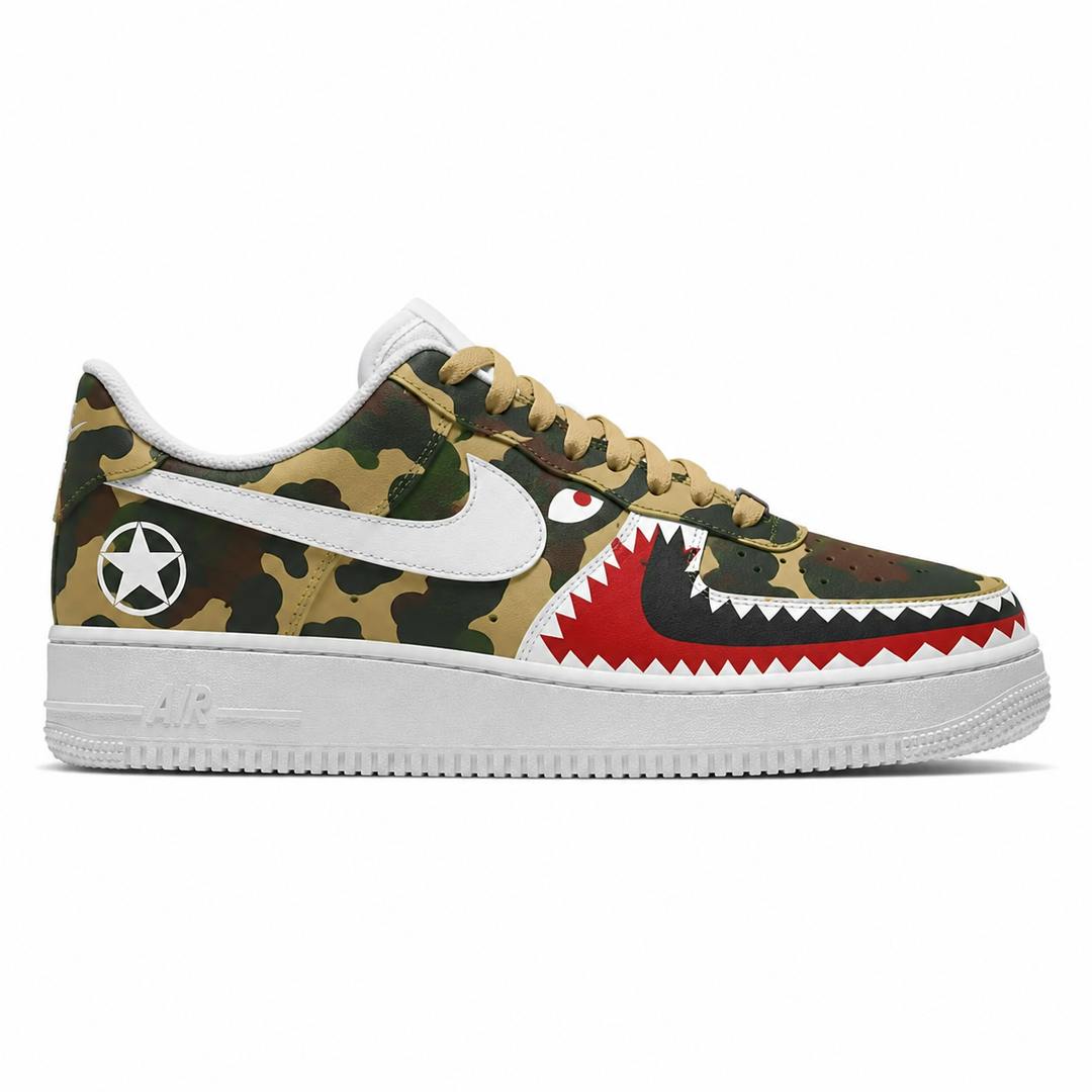 Sneaker with a camouflage shark design on a white background