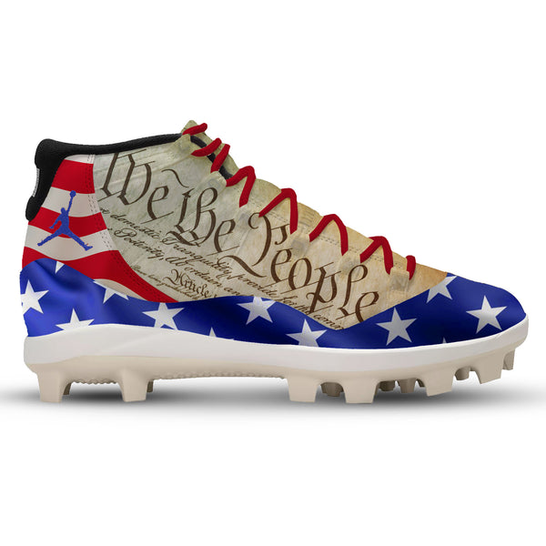 We The People custom Jordan 11 Retro MCS baseball cleats with Constitution parchment and American flag design by Stadium Custom Kicks