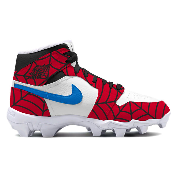 Web Slinger custom-painted Jordan 1 Multisports cleats in red and blue spider-web pattern with black laces and white midsole by Stadium Custom Kicks