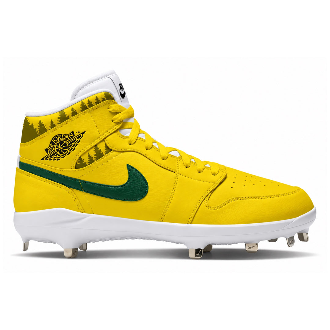 A Nike high-top baseball cleat in bright yellow with a dark green swoosh, white sole, and a black Oregon Ducks logo with pine tree silhouettes on the side.