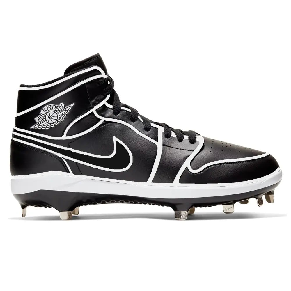 Black and white cleated shoe with Nike logo on a white background