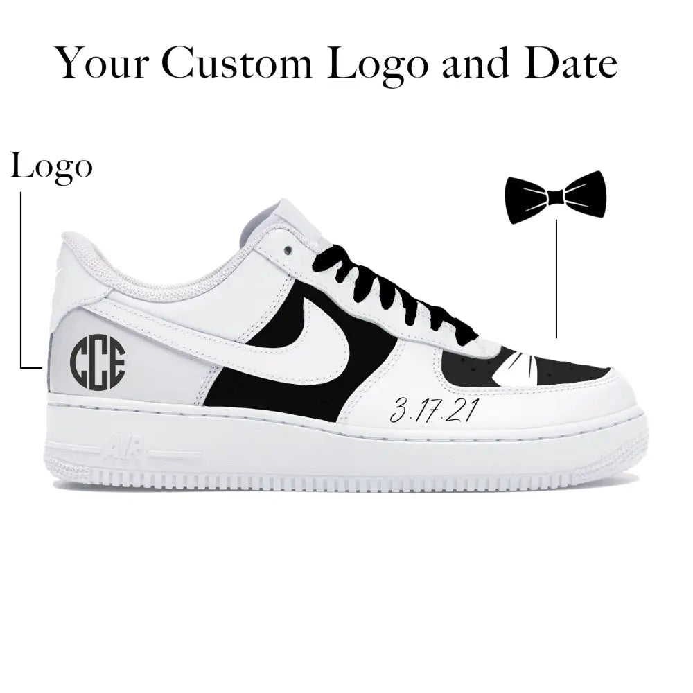 Black and white customized Nike Air Force 1 Low shoes from White Tux collection