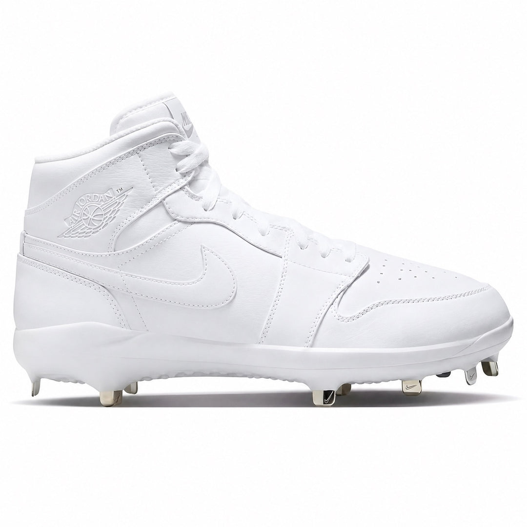 All white Jordan 1 Retro metal baseball cleats side view by Stadium Custom Kicks
