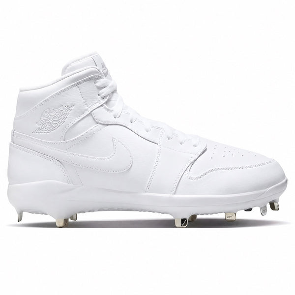 All white Jordan 1 Retro metal baseball cleats side view by Stadium Custom Kicks
