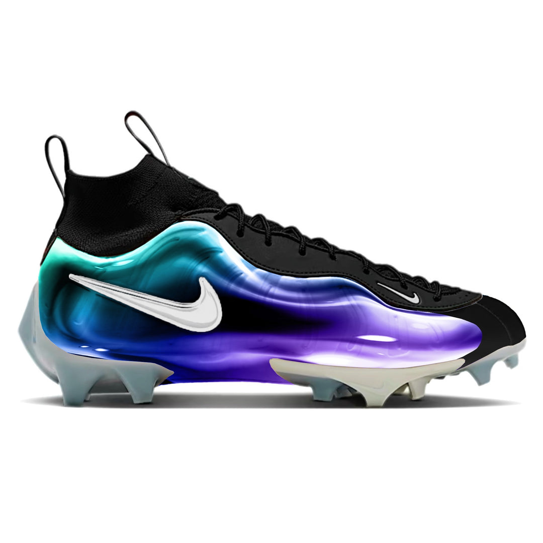 Wild Berry Bubble Nike Vaporposite Pro Football Cleats featuring a teal, purple, and blue gradient glossy bubble shell upper, white Nike Swoosh, and icy translucent outsole by Stadium Custom Kicks