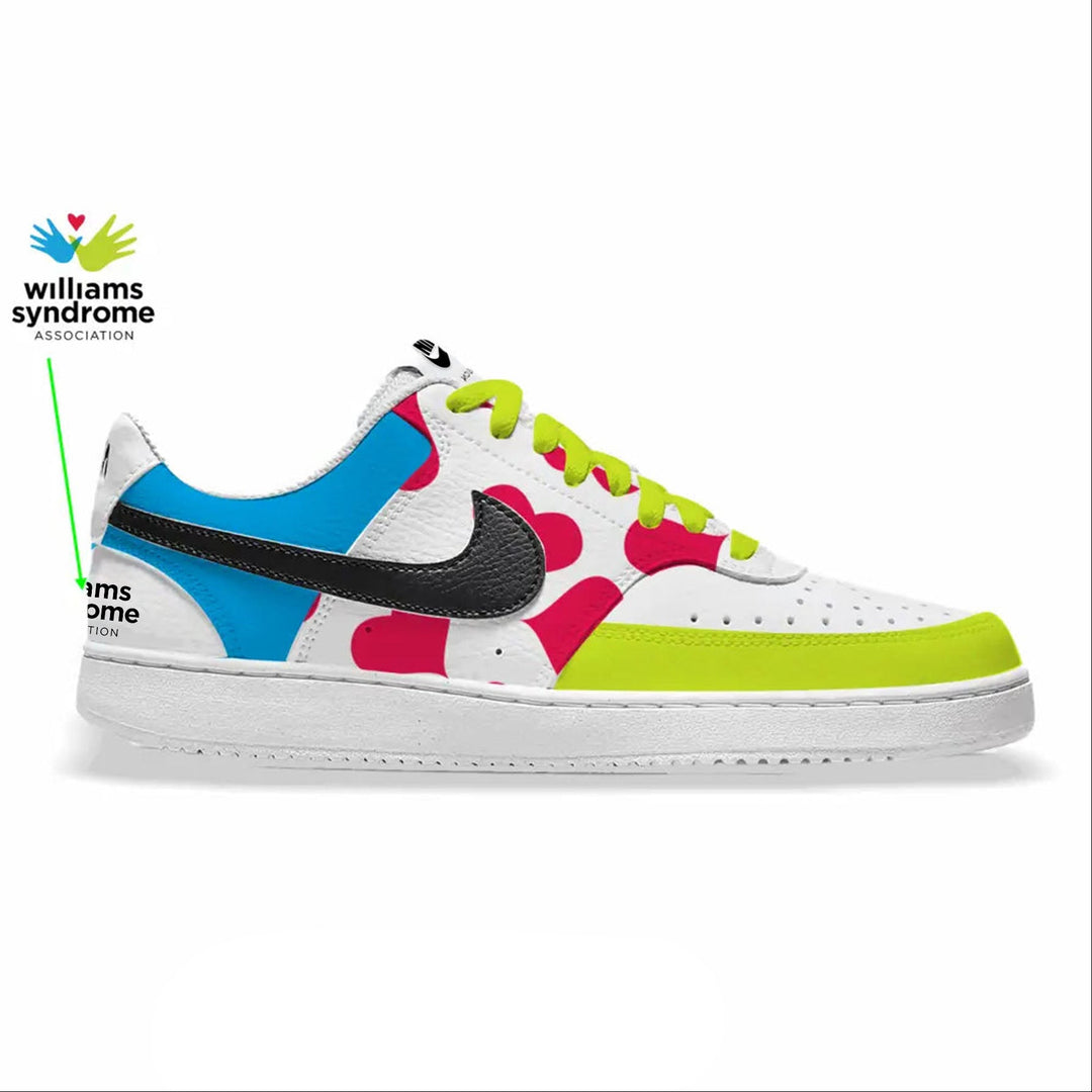 Colorful sneaker with Williams Syndrome Association logo on a white background