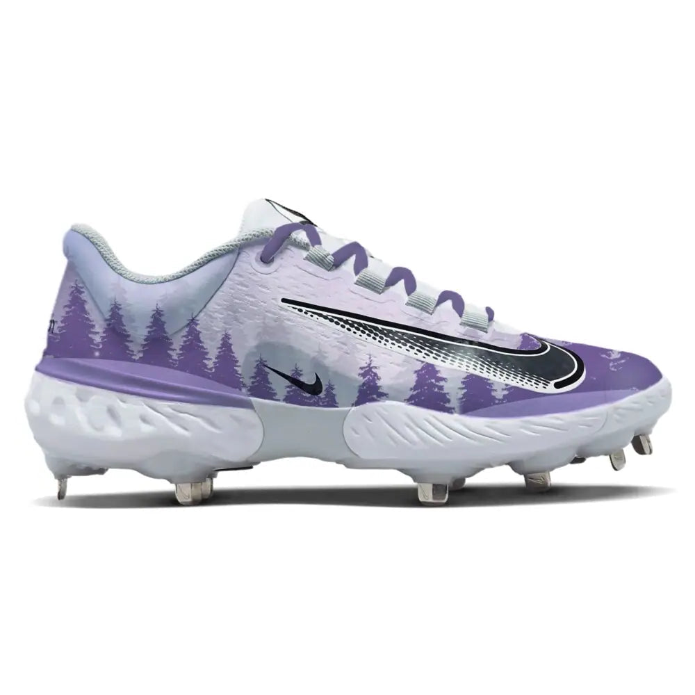 winter snow design with pine trees and snow on low top baseball cleats.