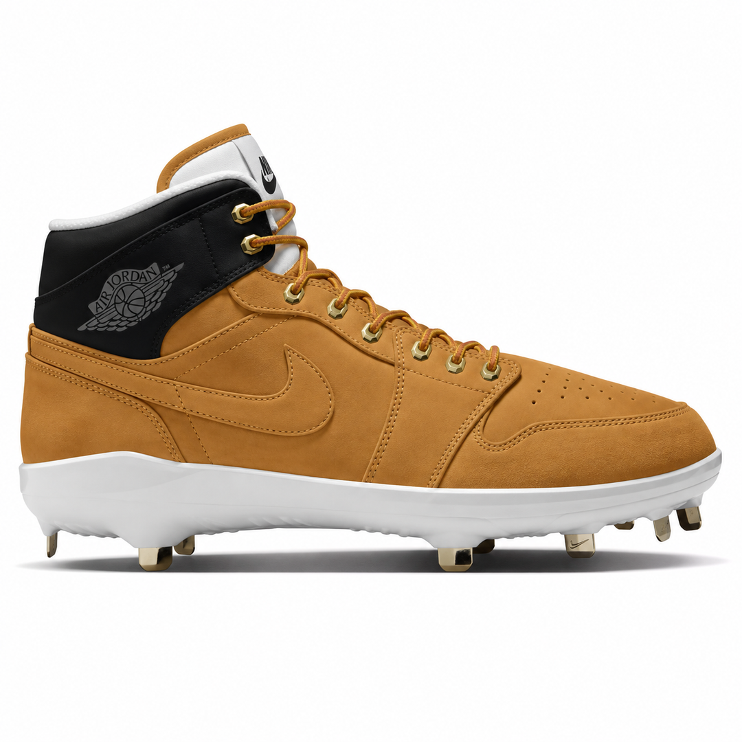 A Nike high-top baseball cleat in mustard brown suede with a black collar, white midsole, and gold metal studs, shown in a side profile on a white background.