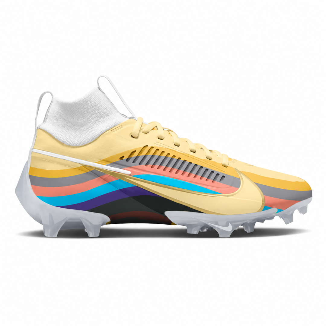 Cream Nike Vapor Edge Pro 360 football cleat featuring layered retro wave graphics in blue, coral, purple, gray, and yellow, with a white sockliner and translucent sole.