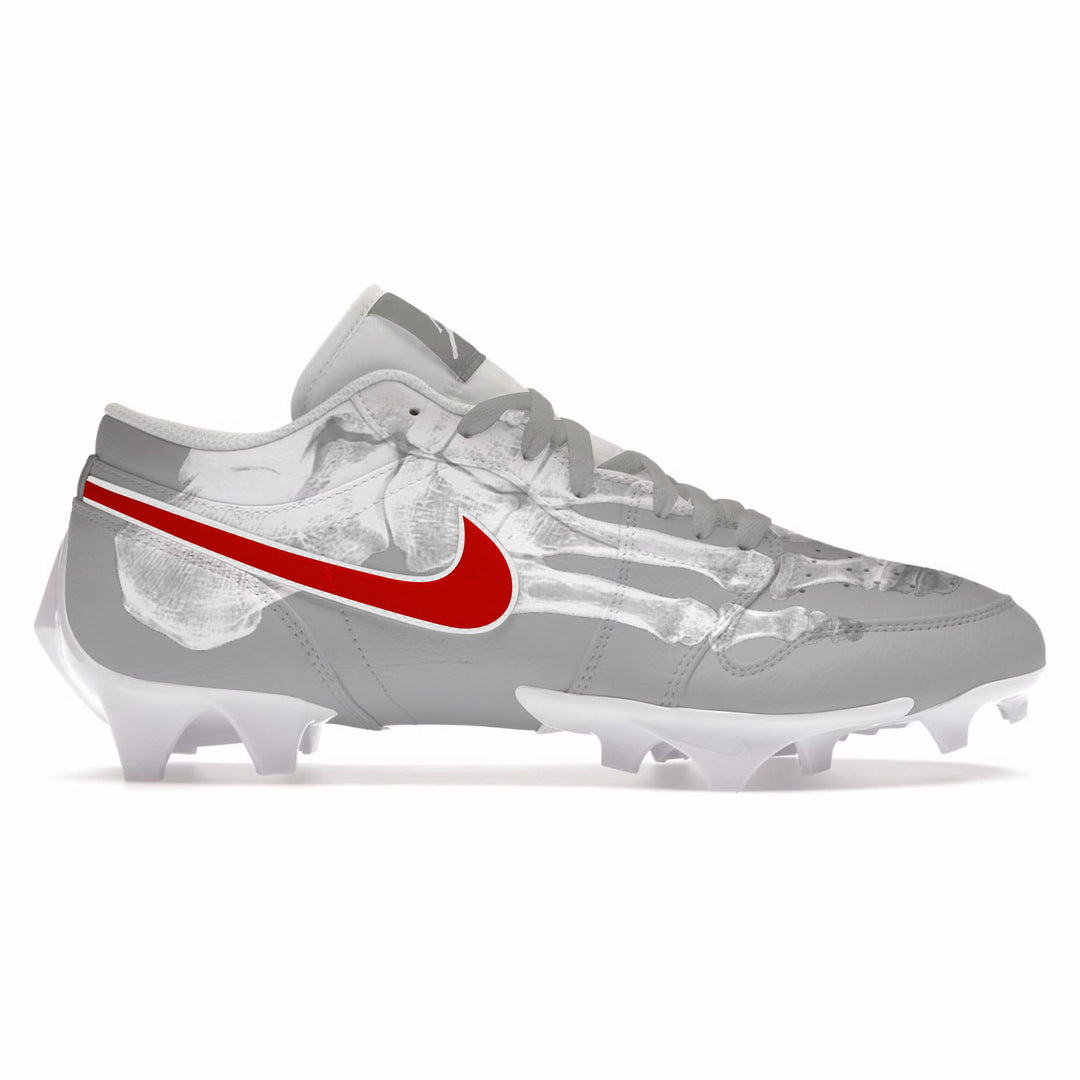 Gray and white X-ray Jordan 1 Vapor Low football cleats with red Swoosh side view by Stadium Custom Kicks
