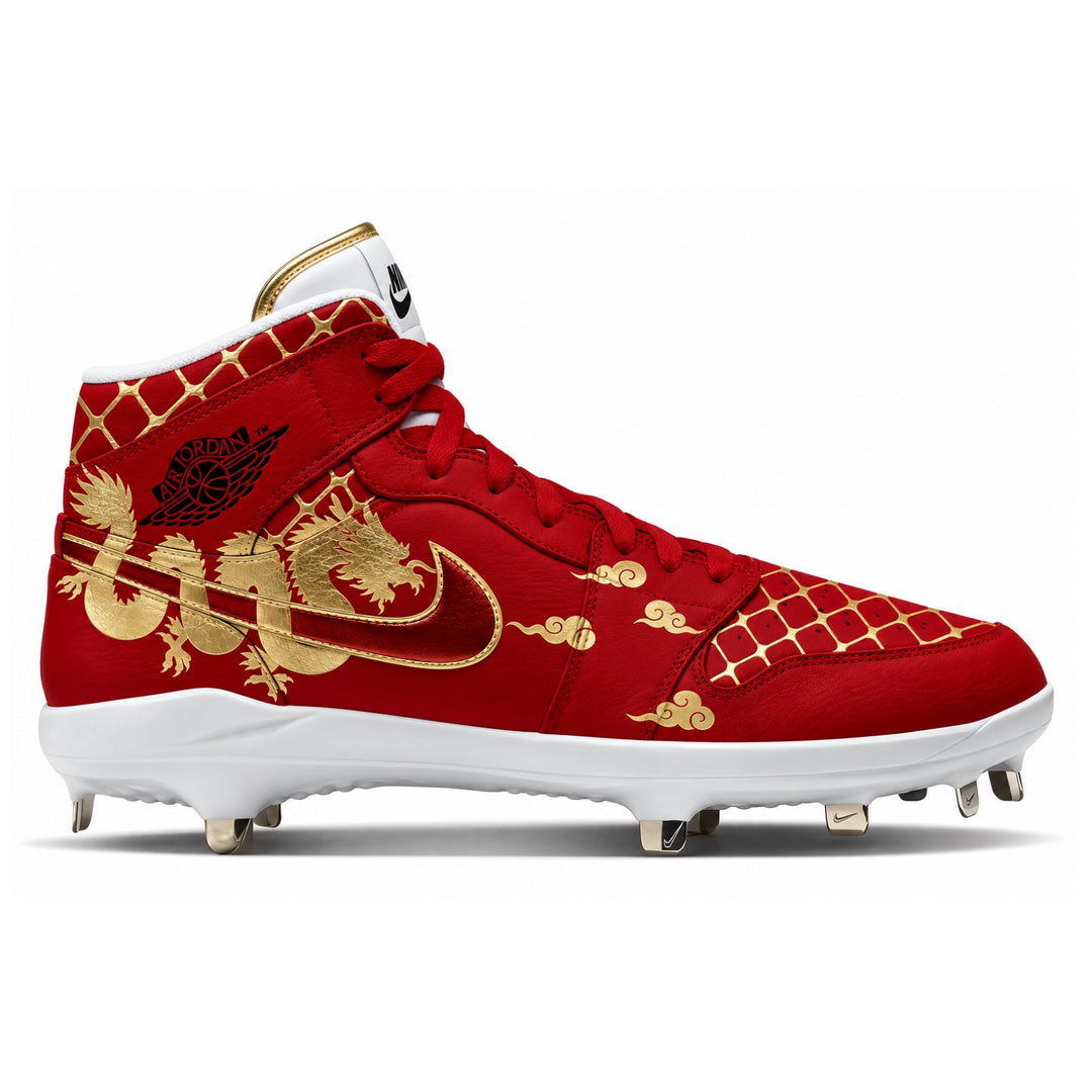 A red and gold Nike baseball cleat with a dragon design, shown in a side profile on a white background.