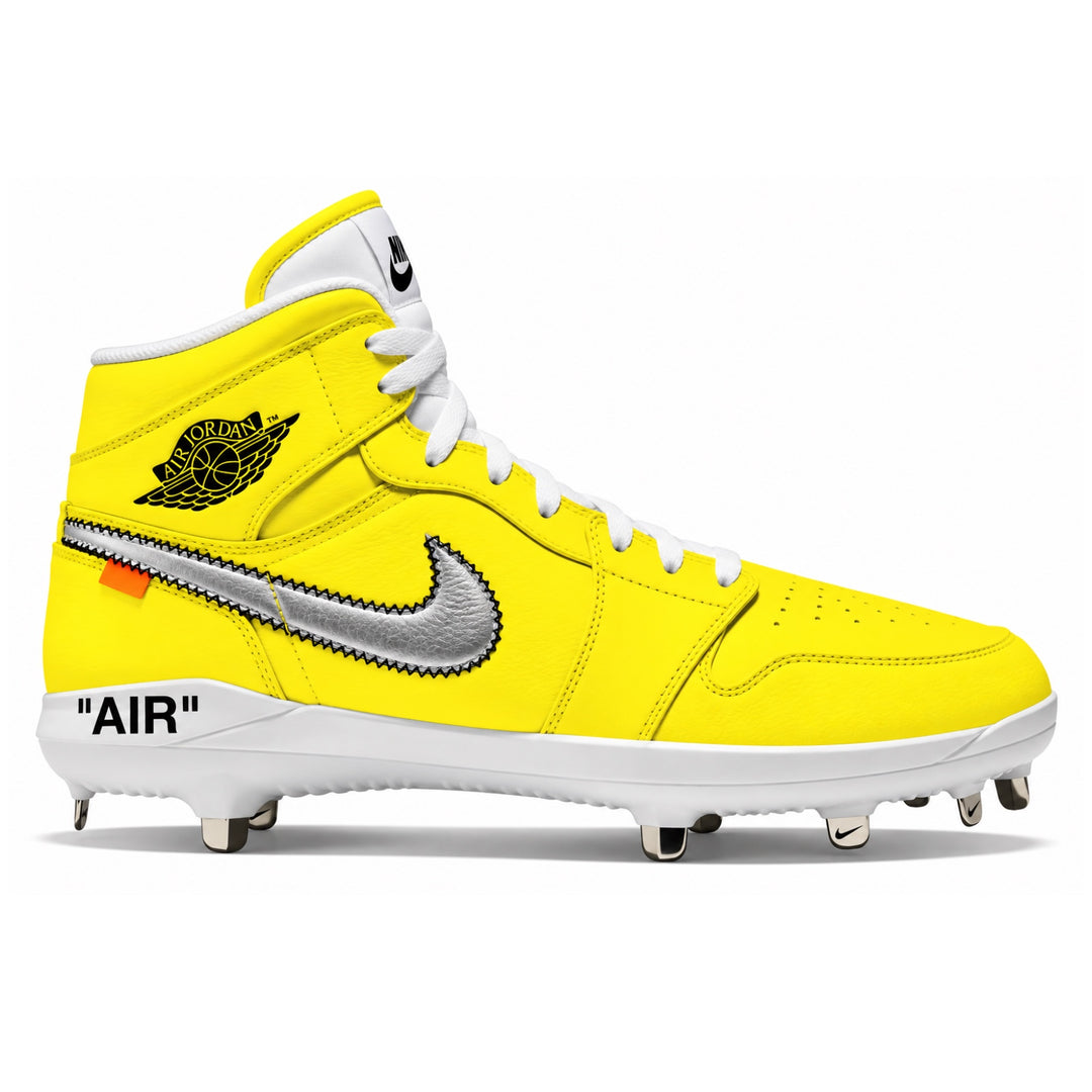 A high-top yellow Nike baseball cleat with white laces and a white sole, featuring a metallic silver swoosh, a black Jordan Wings logo, and 'AIR' text on the heel.