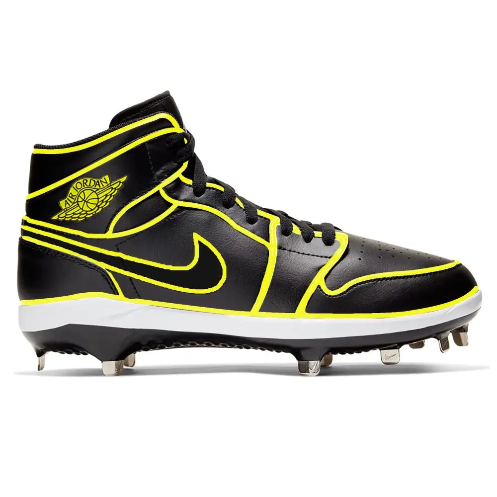 Black and yellow cleated shoe with Nike logo on a white background
