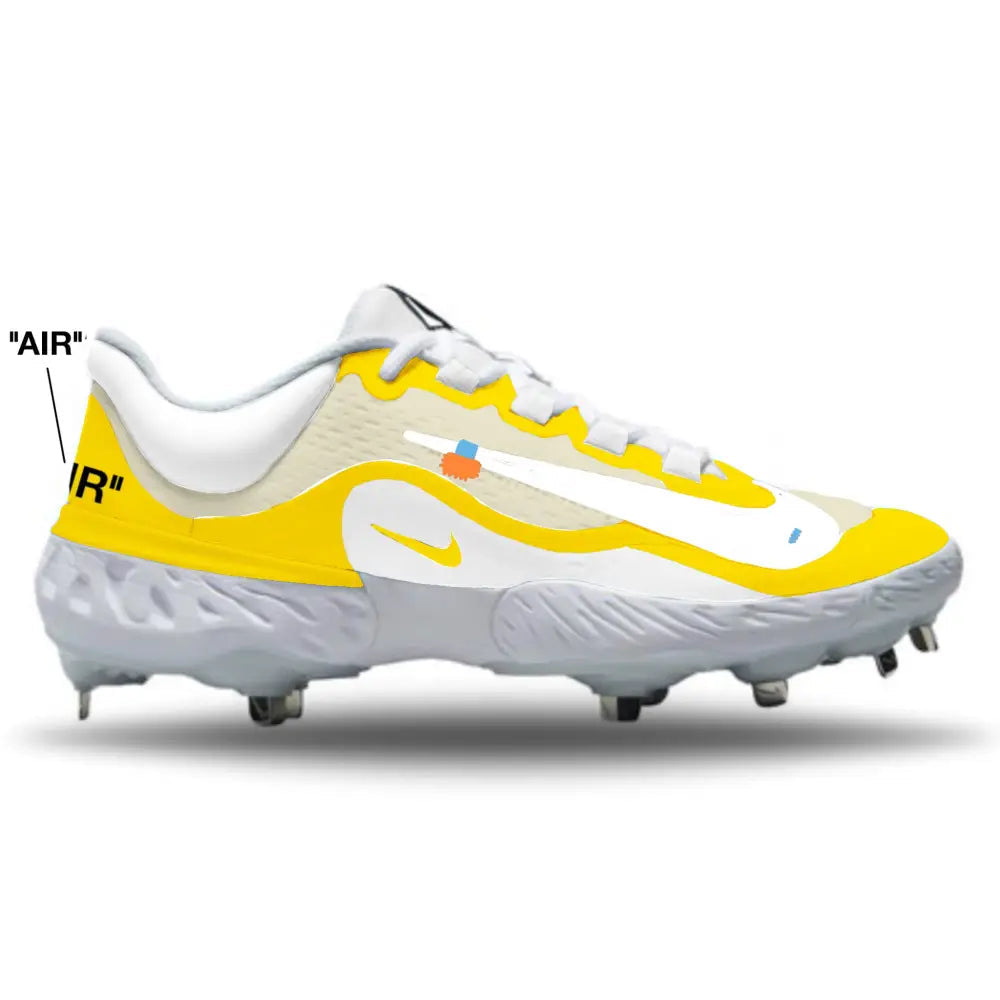 White and yellow cleated shoe with 'AIR' branding on a white background