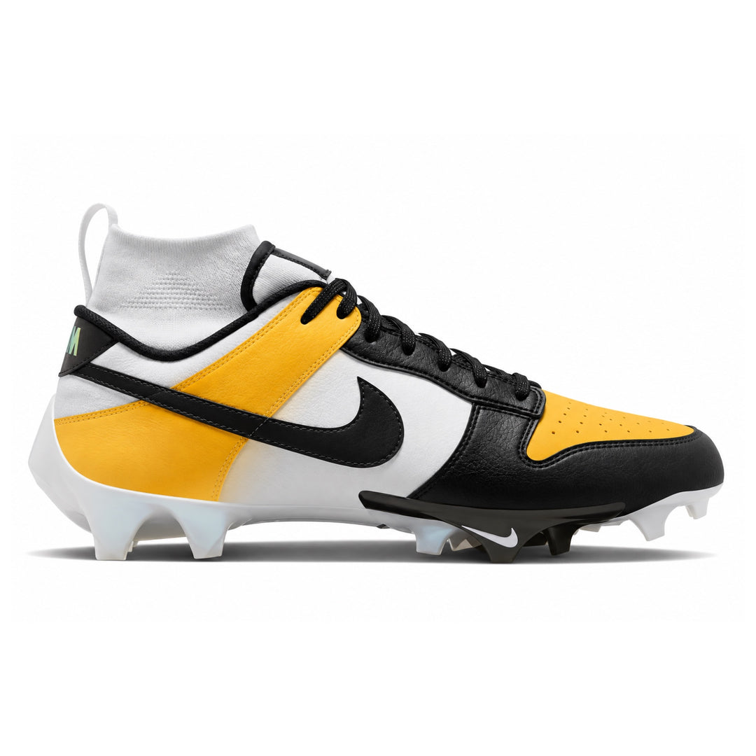 A Nike football cleat with a white, black, and yellow colorway, featuring a white ankle sock collar, black laces, and a black Nike Swoosh on a white and yellow leather upper.