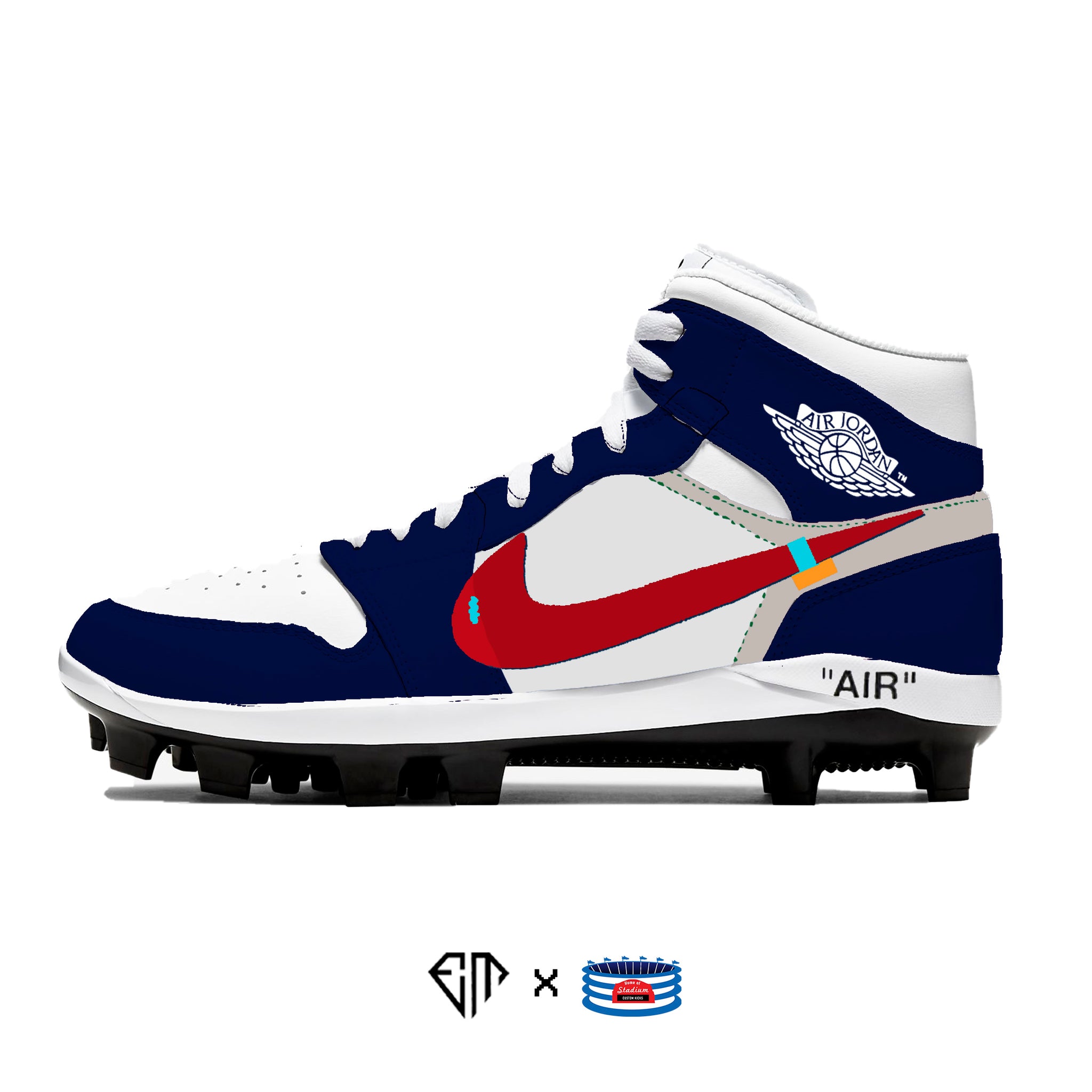 Tacos Jordan 1 Retro Azul marino y blanco OW Stadium Custom Kicks